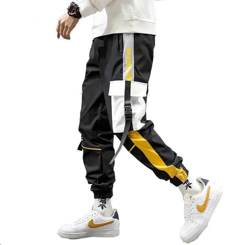 

Men's Pants Hip Hop Pants, Large Pocket Street Clothes, Ribbon, Black, 2021