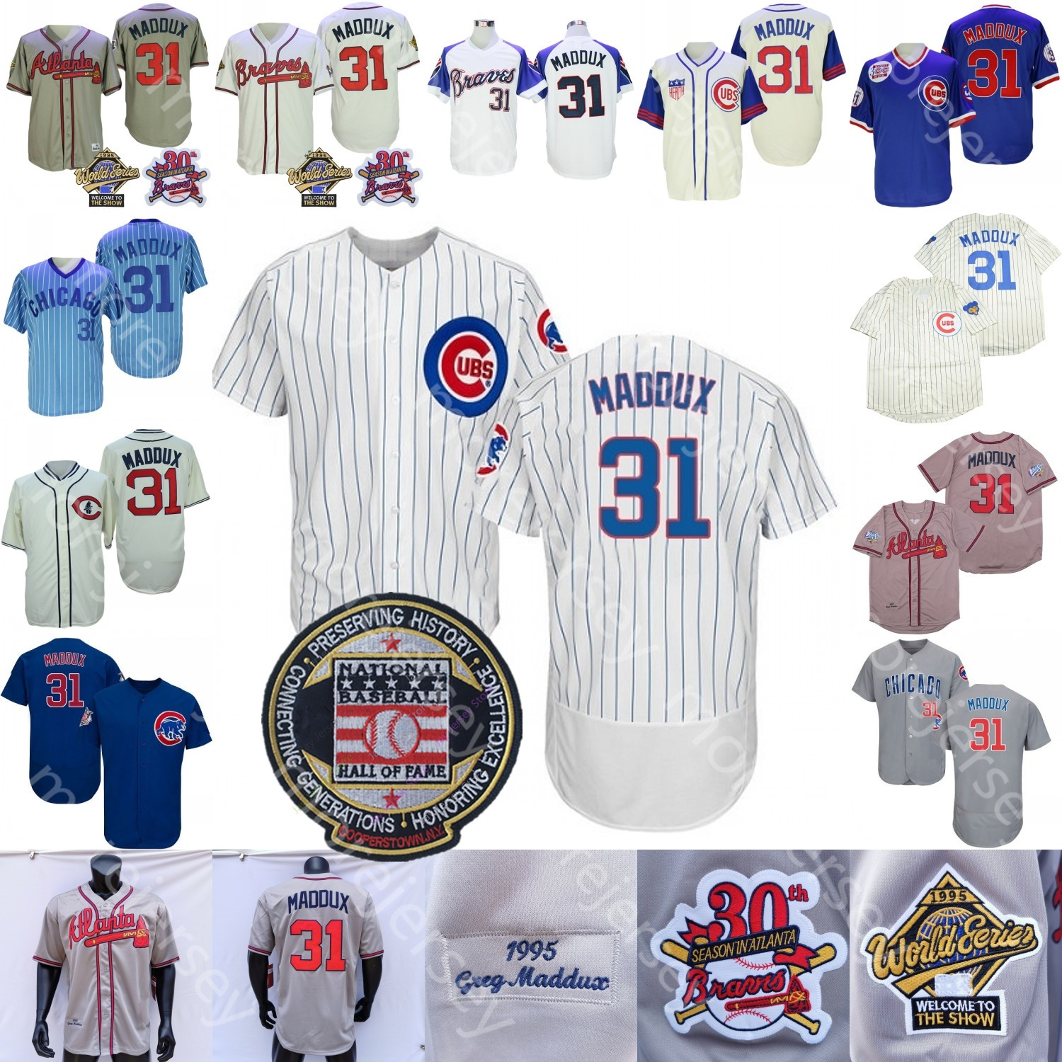

Greg 31 Maddux Jersey Hall Of Fame Patch 1929 1942 1969 1988 1999 Cream White Cooperstown 2016 WS Gold Baby Blue White Pullover Grey Pinstripe Player Salute to Service, 2017 winter classic