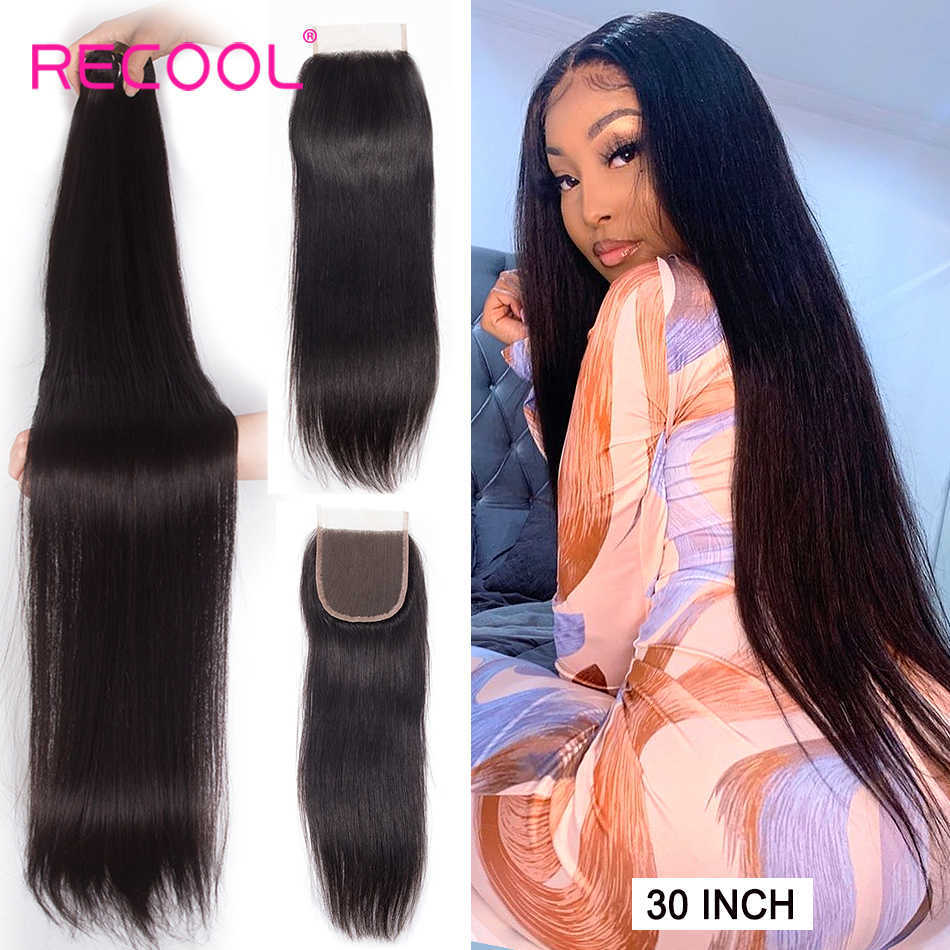 

Recool 28 inch 30 32 38 40 Inch WIth Straight Human Extensions Brazilian Hair Weave Bundles With Closure