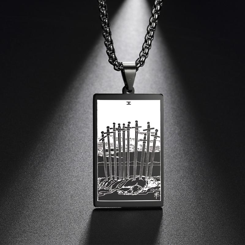 

Pendant Necklaces Dawapara Vintage Box Chain Talisman Necklace The Suit Of Swords Tarot Card Amulet Stainless Steel Golden Black Jewelry
