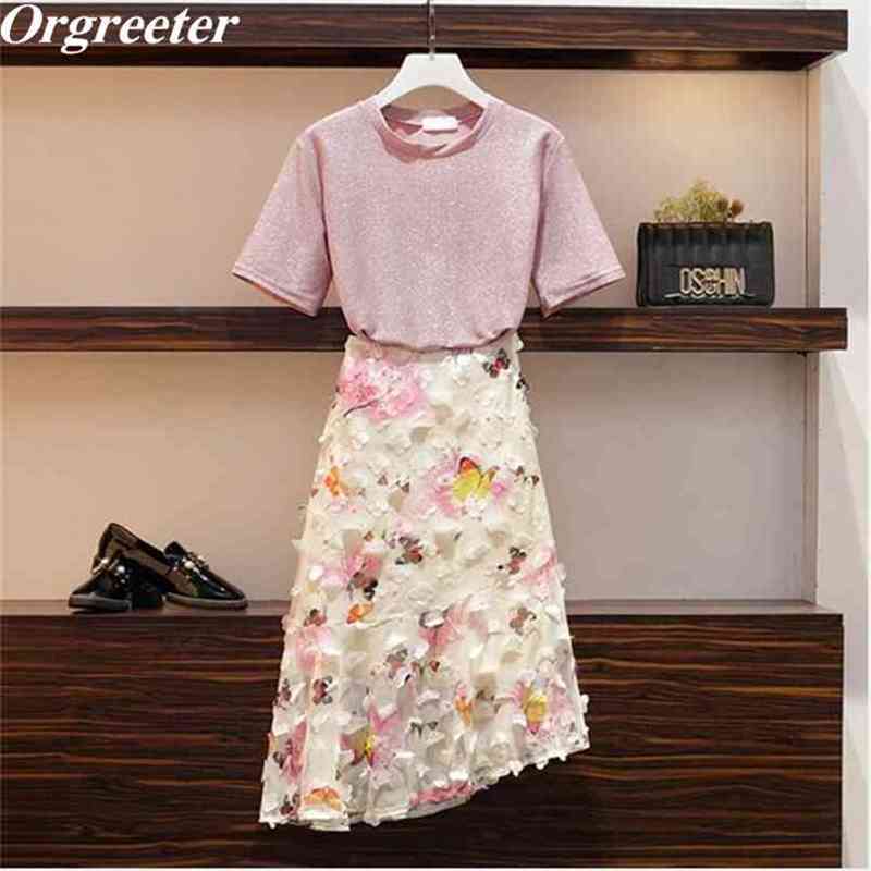 

Plus Size -4XL Women Sweet Suits Summer Shiny Short Sleeve Tshirt and 3D Appliques Irregular Skirt 2PCS Set 210602, Pink