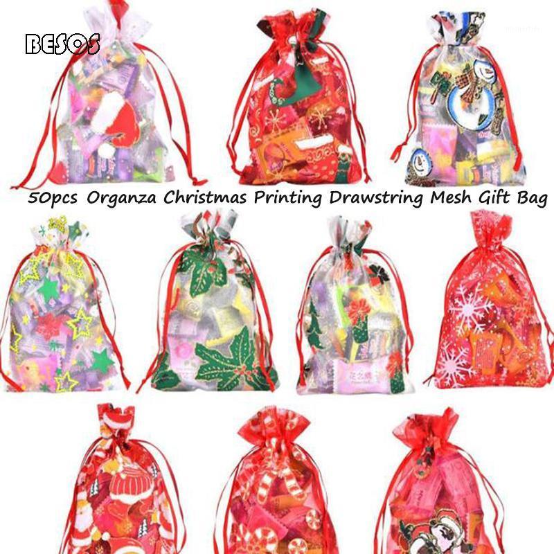 

Gift Wrap Wholesale Fashion Organza Christmas Printing Drawstring Mesh Bag Year Party Tree Decoration Package