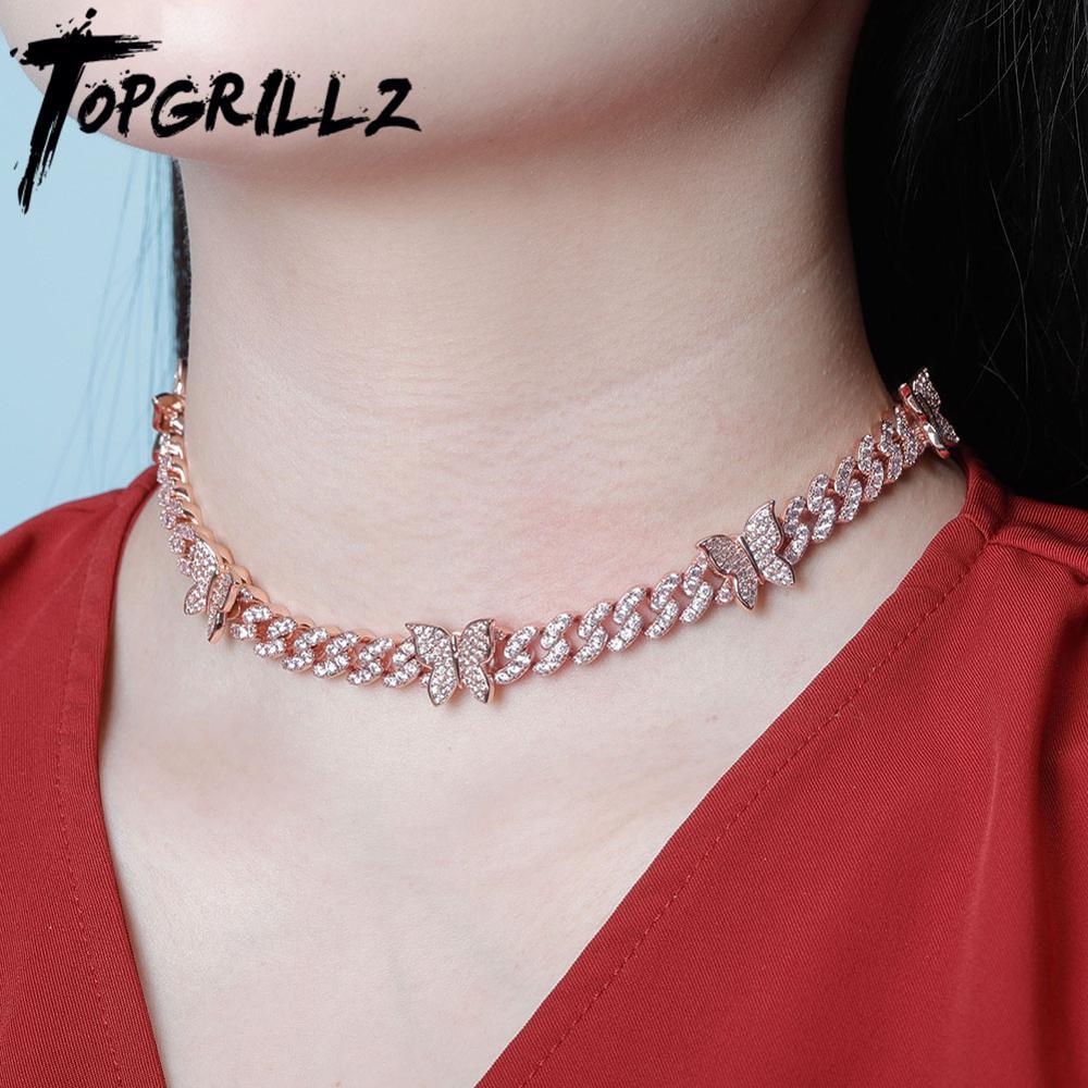

TOPGRILLZ Butterfly Chain 8MM Cuban Chain Necklace Iced Out Cubic zirconia Bling Hip Hop Charm Jewelry For Gift 14-24 inch X0509