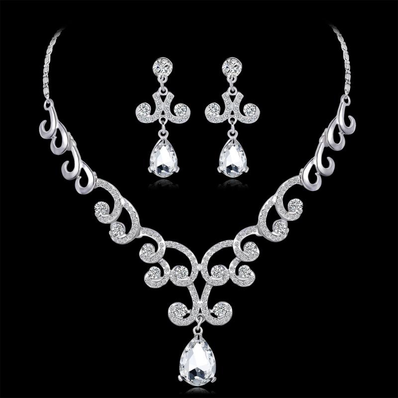 

Earrings & Necklace Fashion Jewelry Sets Crystal Rhinestone For Women Wedding Bridal Ornaments Accessories, Silver