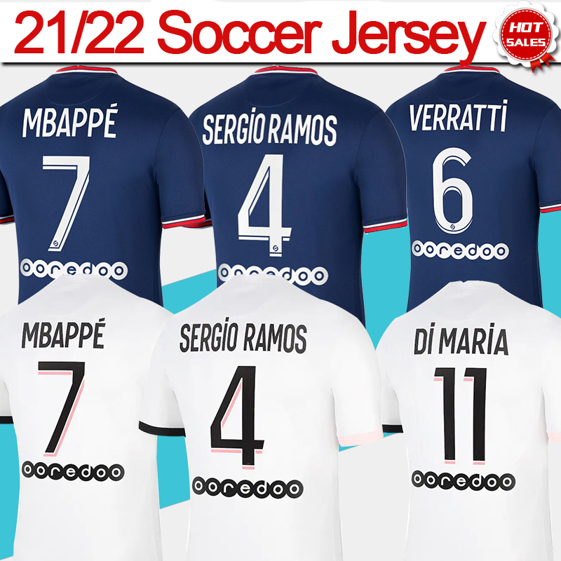 

21/22 soccer jersey Away White MBAPPE SERGIO ROMAS Home Blue soccer shirt 2021/2022 Fans version ICARDI DI MARIA MARQUINHOS men Football Jerseys Uniforms, 2 t.silva