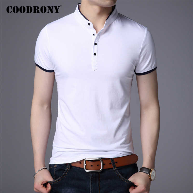 

COODRONY Brand Summer Short Sleeve T Shirt Men Clothes Cotton Tee Homme Streetwear Fashion Stand Collar T- C5097S 210629, Navy blue