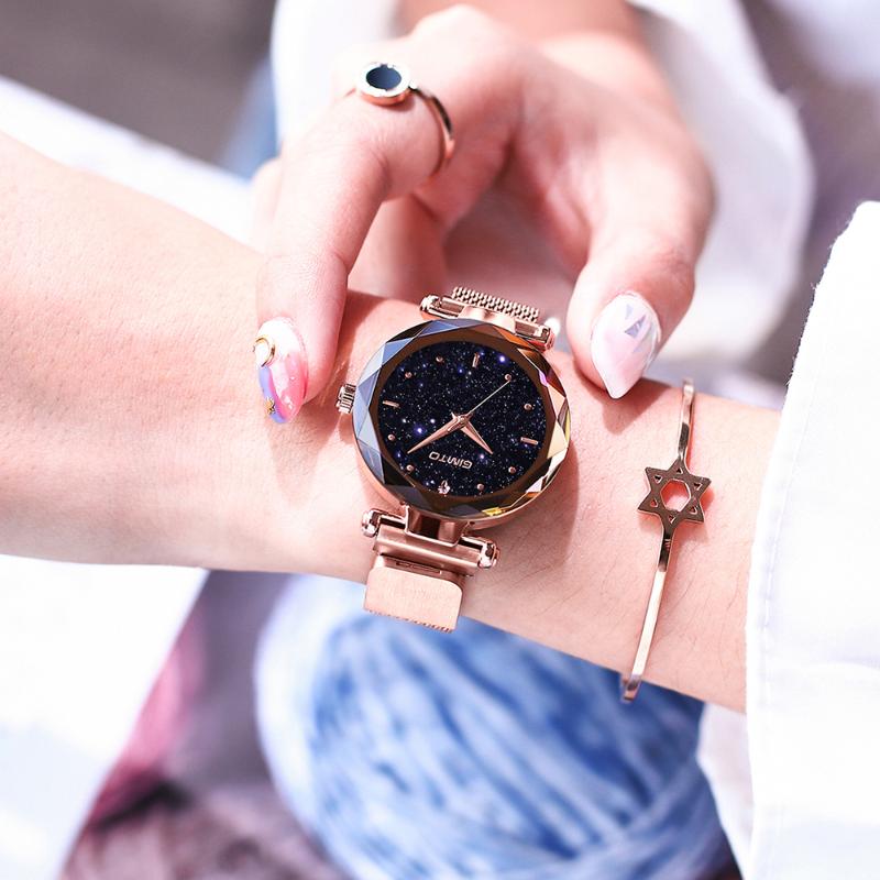 

Wristwatches Starry Sky Fashion GIMTO Women Watches Rose Gold Rhinestone Magnet Buckle Waterproof Japan Quartz Casual Business Lady Watch, Blue