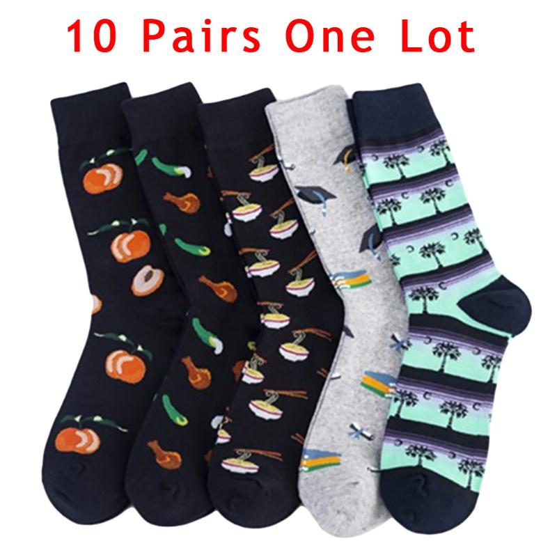 

Men's Socks 10 Pairs Men Foods Pattern Noodles Peach Graduation Hat Coconut Tree Happy Jacquard Dress, Black