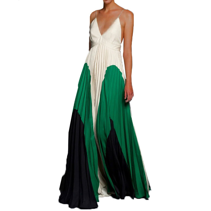 

2021 summer women dress plus size maxi dresses women v-neck pleated new vestidos suspender loose split colorblock dress female, Black;gray