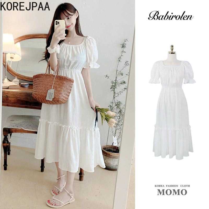 

Korejpaa Women Dress Summer Korean Fashion Mid Long Sweet and Elegant Solid Color Waist Stitching Dresses Female Vestido 210526, White