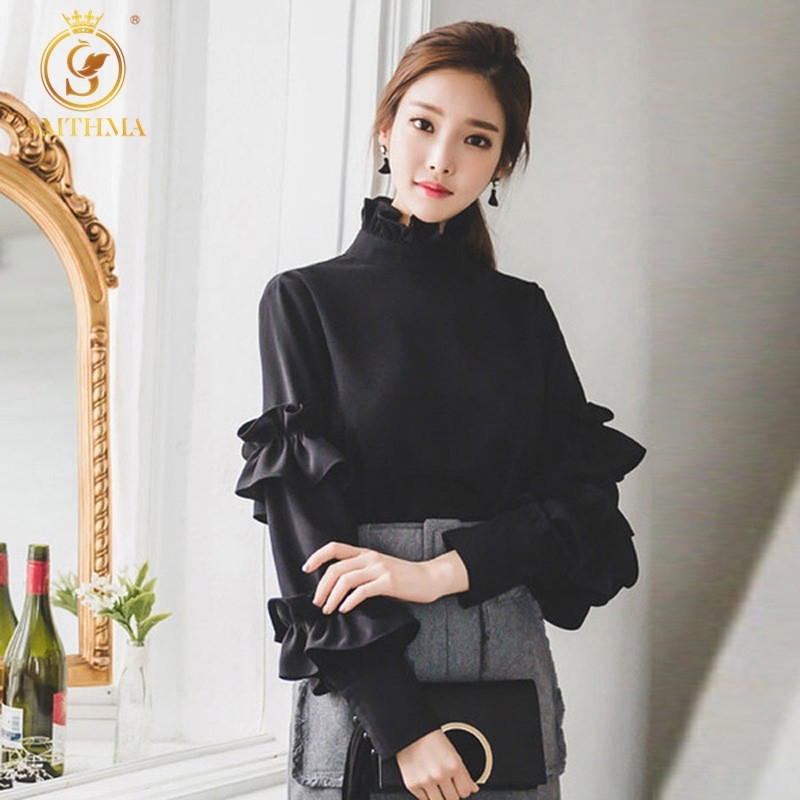 

High QUALITY Spring Fashion Women's Long Sleeve Black Tops Elegant Femininity Ropa Mujer 210520, Photo color