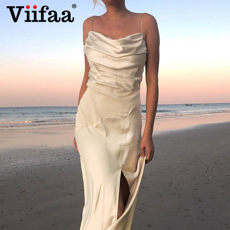 

viifaa spaghetti strap high waist party split long dress summer clubwear women sleeveless elegant slim dressesplus size clothes, Black;gray