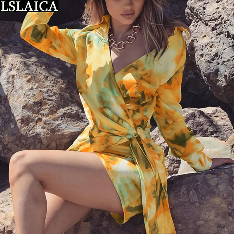 

Tie Dye Sexy Dress Long Sleeve Criss-Cross Bandage Fashion Bodycon V-Neck Mini Beach Holiday Boho Robe Femme 210520, Yellow