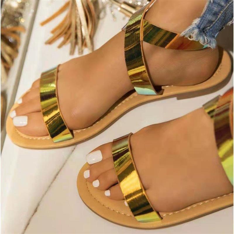 

Sandals Women's Sandal 2021 Summer Multi-color Large Size Women Flat With Open Comfortable European American Party Shoes, Gold