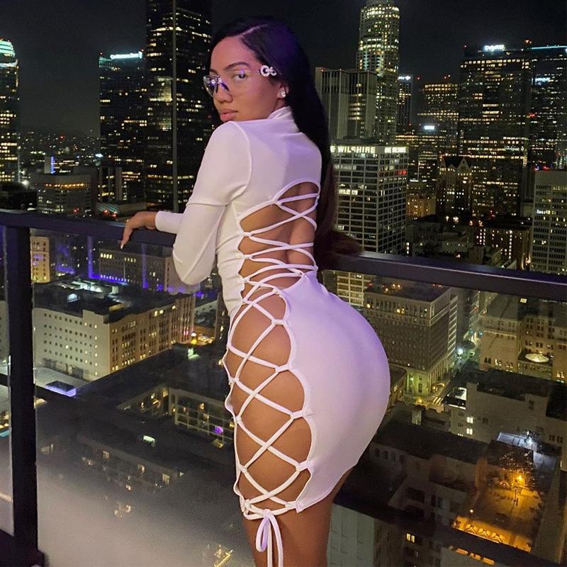 

Casual Dresses Sexy Women Sheath Long Sleeve High Waist Bandage Hollow-Out Drawstring Turtleneck Tight Bodycon Party Short Mini Dress, Orange