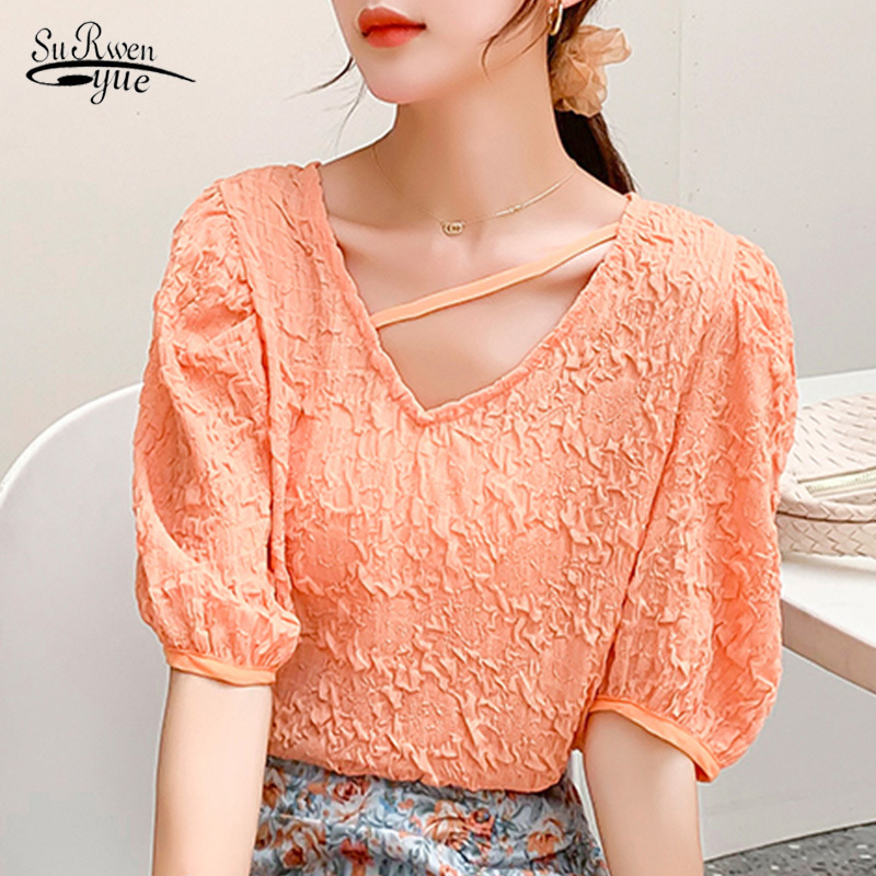 

Summer Puff Sleeve V-neck Chiffon Shirt Female Korean All-match Solid Loose Top Chemisier Femme Blusas 10057 210521, Orange