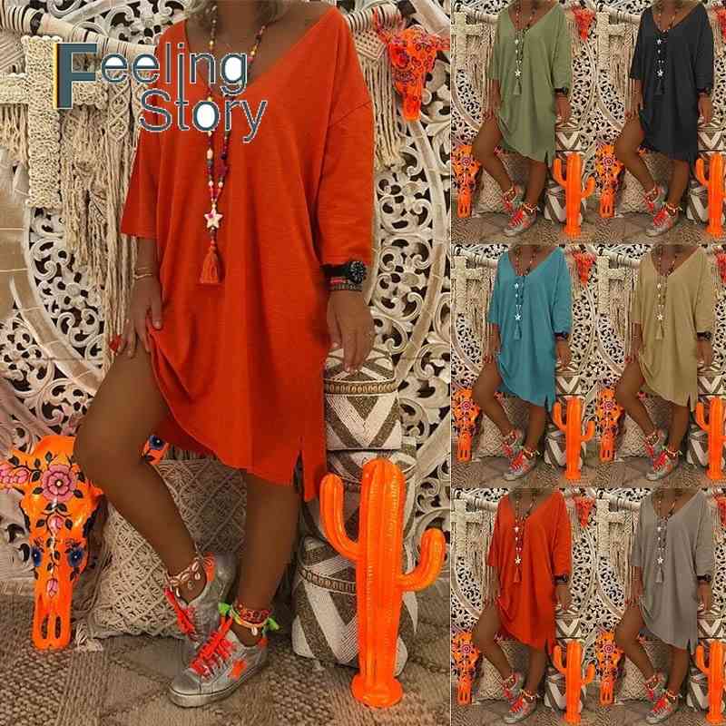 

Plus Size Spring O-Neck Cotton High Low Dress Women Summer Style Feminino Vestido T-shirt Casual Ladies Dresses 210603, Black