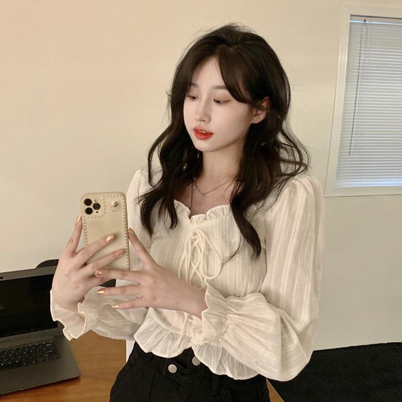 

Women's Blouses & Shirts Sweet Square Neck Crop Shirt Women Simple Korean Style Long Sleeve Slim Fit Elegant Blouse Spring Autumn 2021 Blusa, White