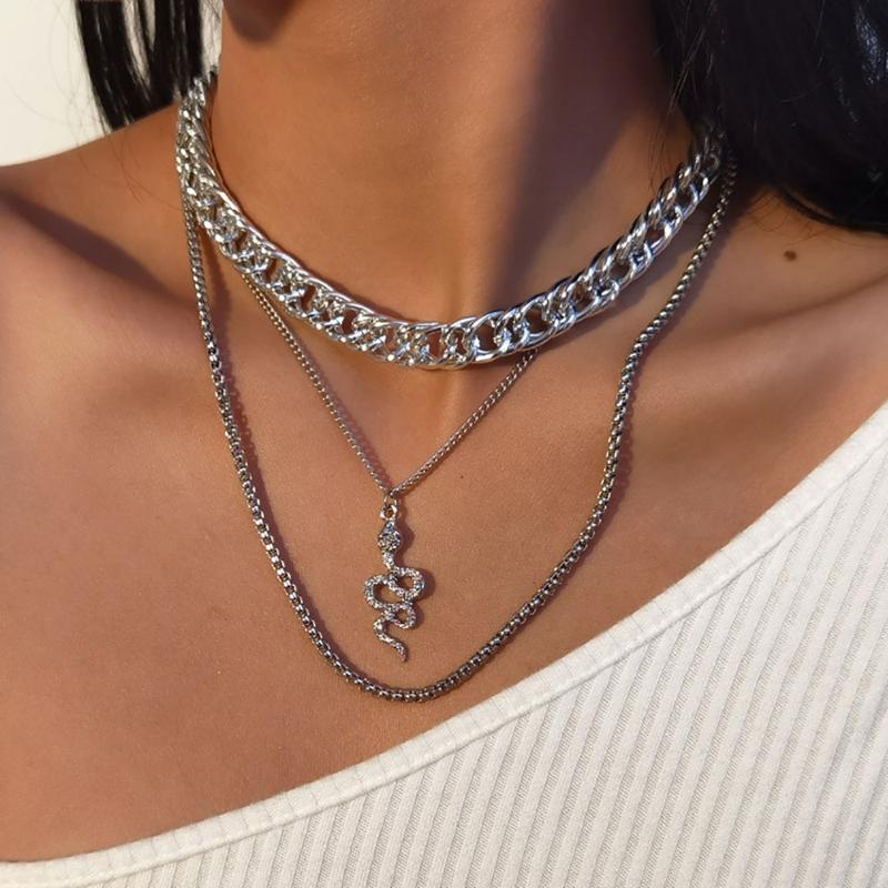 Pendant Necklaces Vintage Multilevel Punk 2021 Crystal Snake Necklace For Women Female Fashion Collar Silver Color Thick Chain Jewelry Gift-image-698090807