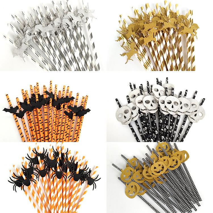 

Disposable Flatware 25pcs Halloween Paper Straws Pumpkin Ghost Bat Stripe Drinking Straw Happy Party Favors Decoration For Home Supplies