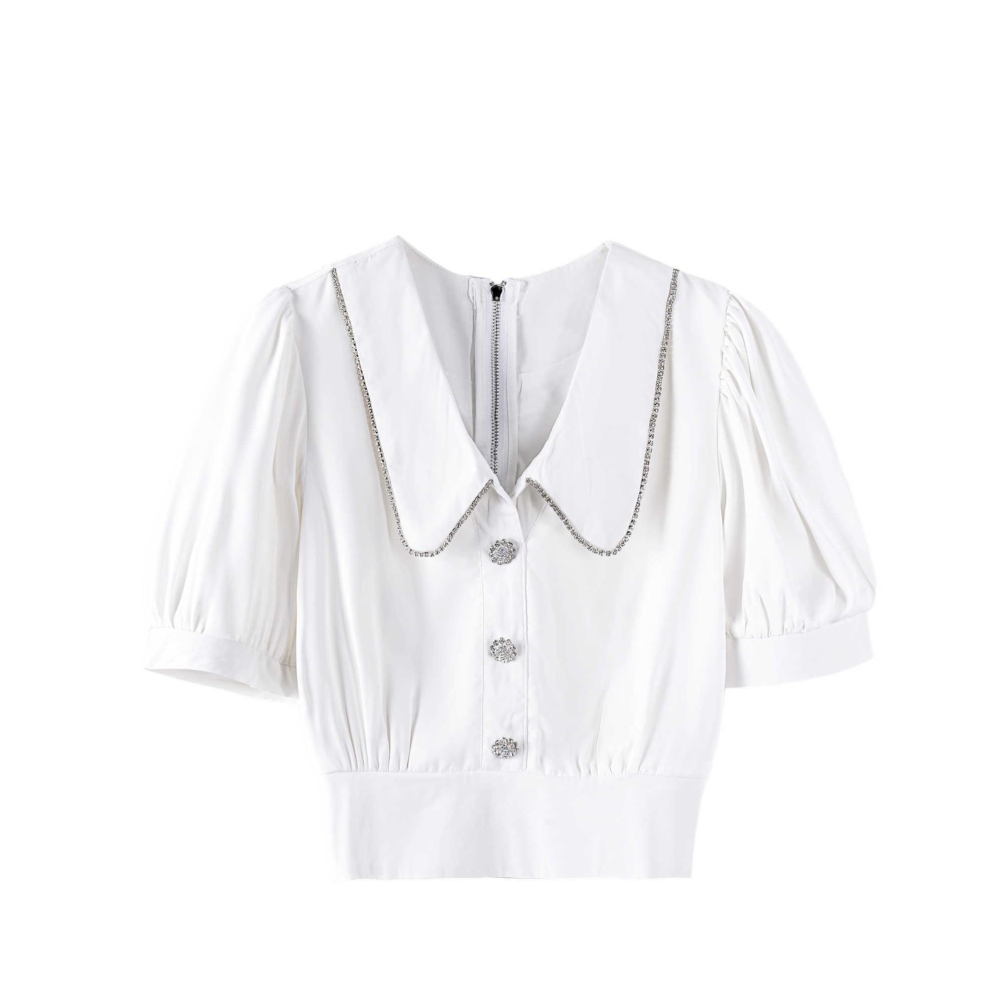 

Chiffon Shirts Spring Summer Short Sleeve Waist Turn-down Collar Casual Women Tops 210615, White