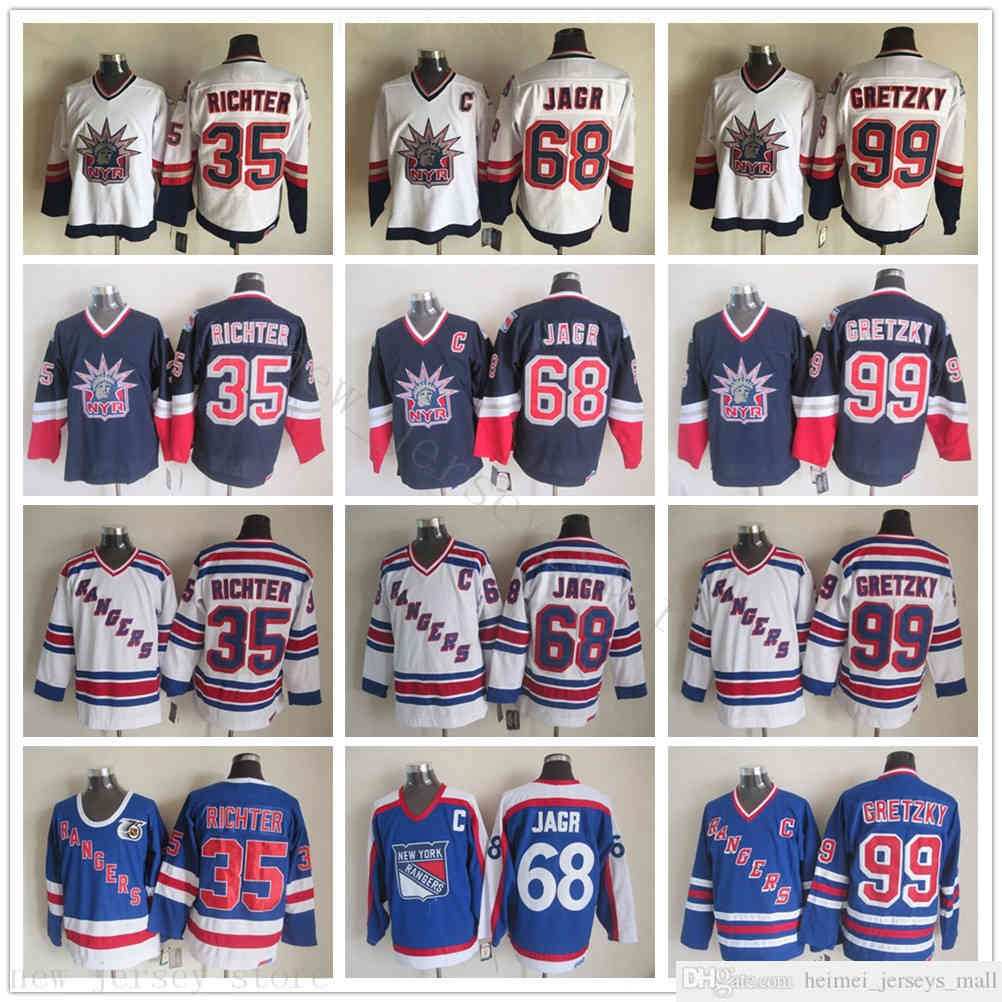 

Vintage CCM New York Rangers Hockey Jerseys 68 Jaromir Jagr 35 Mike Richter 99 Wayne Gretzky V-Neck 91-92 Blue 75th Anniversary Patch Jersey, Black;red