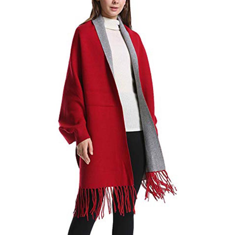 

Scarves Women Poncho Shawl Wrap Tassels Thick Warm With Sleeves -OPK
