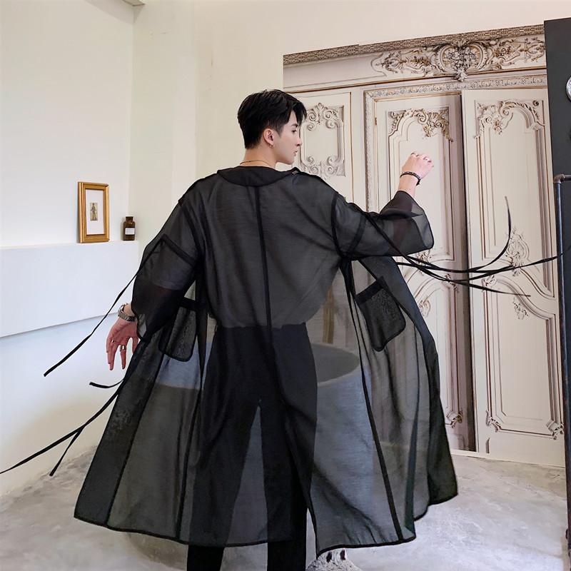 

Men's Trench Coats Men Translucent Mesh Coat Male Japan Streetwear Punk Gothic Hip Hop Long Cardigan Jacket Stage Clothing, Black