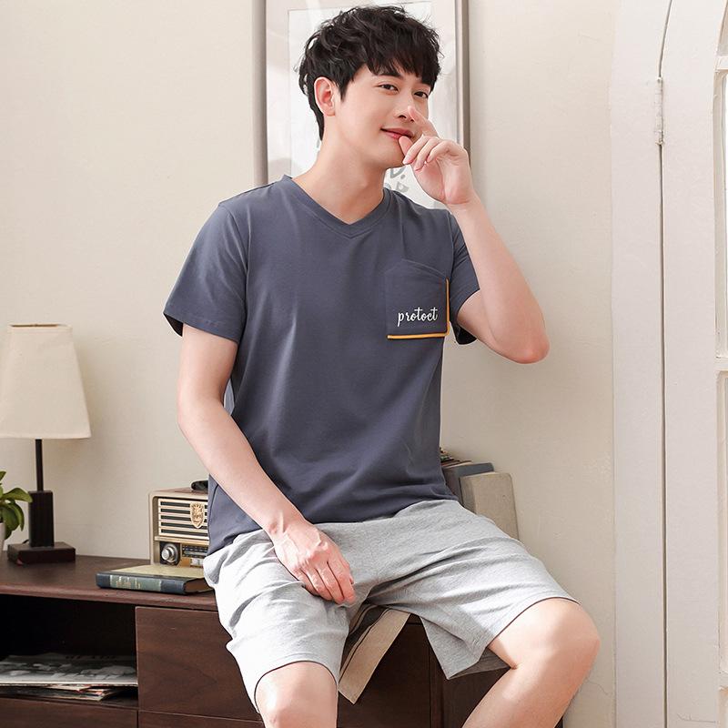 

Men's Sleepwear Men Summer Cotton Korean Pajamas Casual Pullover Short Sleeve Shorts Thin Two Piece Pajama Sets, Grey