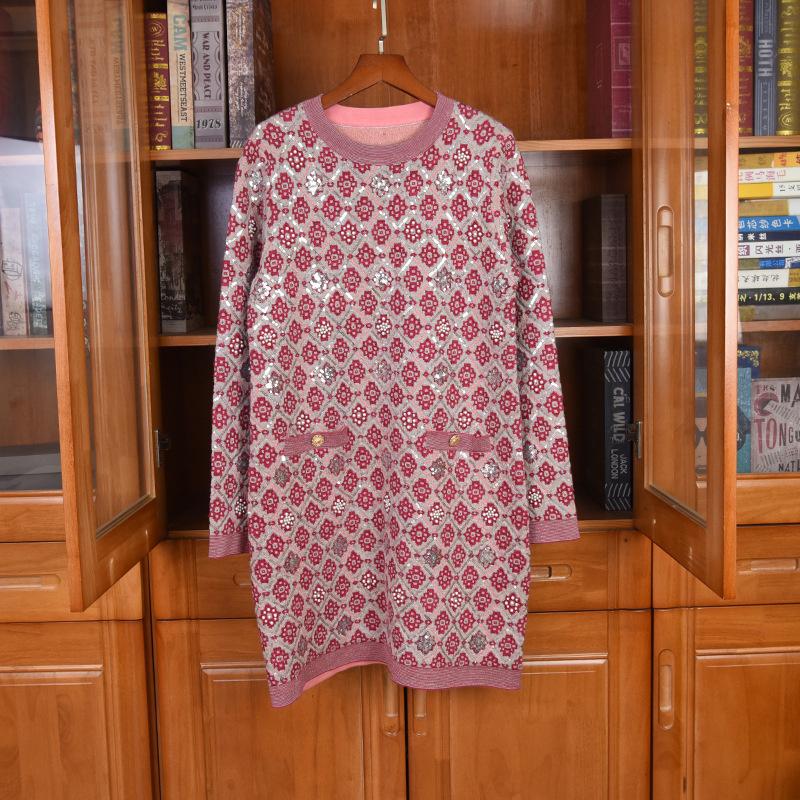 

Casual Dresses Luxury Autumn Women Sequined Beading Knitted Fashion Long Sleeve For Ladies, Short sleeve dress
