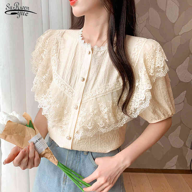 

Summer Women' Short Sleeve Blouse Round Neck Solid Color Shirt Lace Joker Embroidered Blusas 13808 210521, Pink