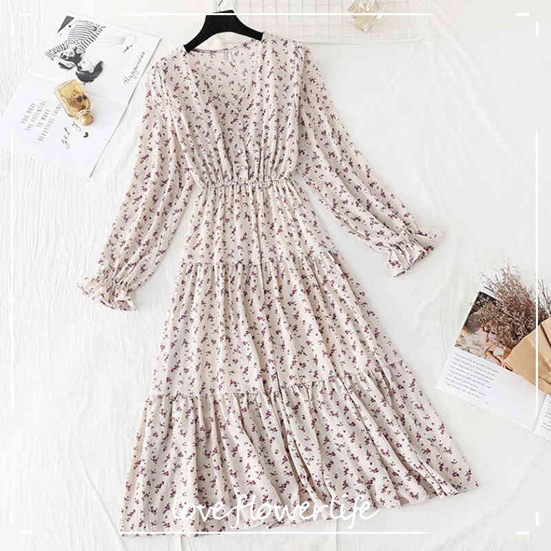

Long Sleeve Chiffon Dress Women Spring Summer Vintage Floral Print Ruffles Dresses Elegant V-neck Party Midi Dress 210521, Color 8