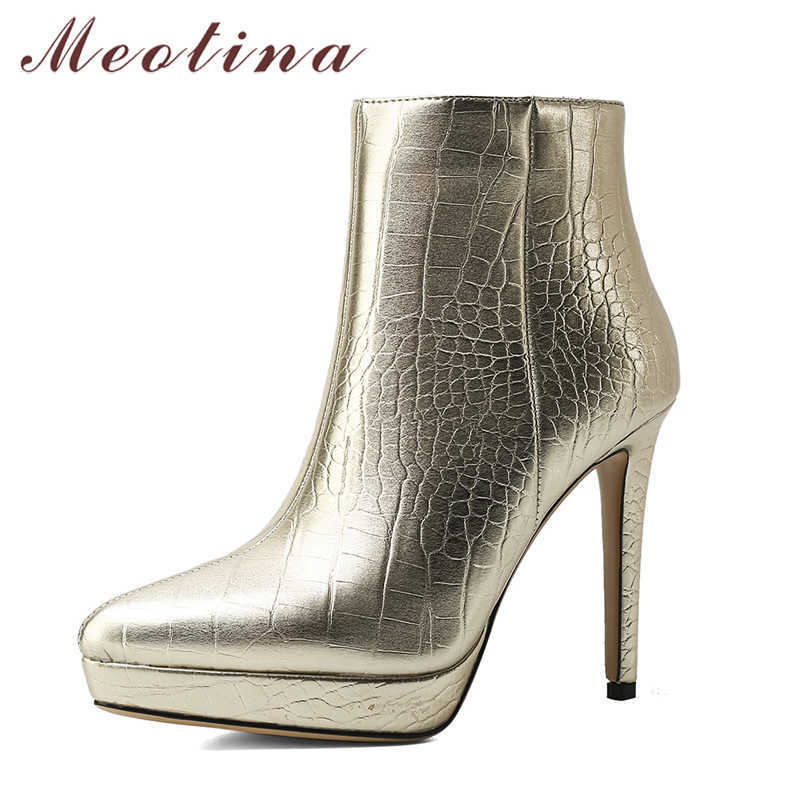 

Meotina Women Ankle Boots Shoes Platform Super High Heel Short Boots Pointed Toe Thin Heels Zipper Lady Footwear Winter White 43 210608, Black