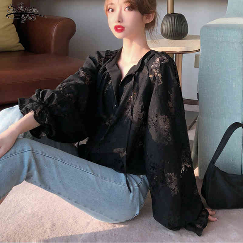 Blouse en dentelle à manches lanterne au printemps pour femmes chemises florales longues vêtements noirs vêtements 12691 210508