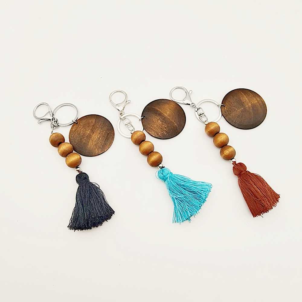 Wooden beaded key ring Party Favor trade wood bead keychains can print round and cotton tassel pendant keychain WMQ824