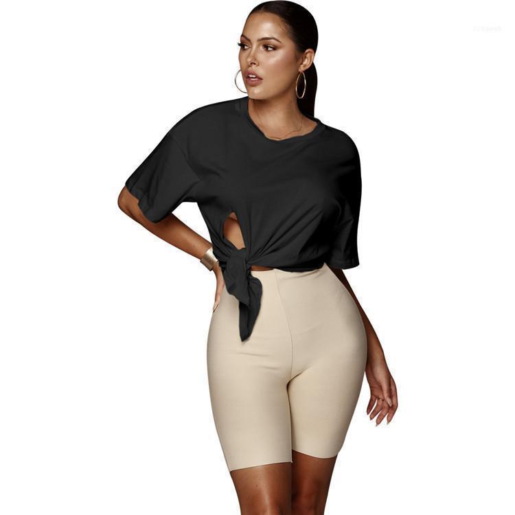 

Five-color Sexy Lace Up Irregular Short-sleeved Shirt Women' Casual O Neck Solid Color Short T-shirt1, Black