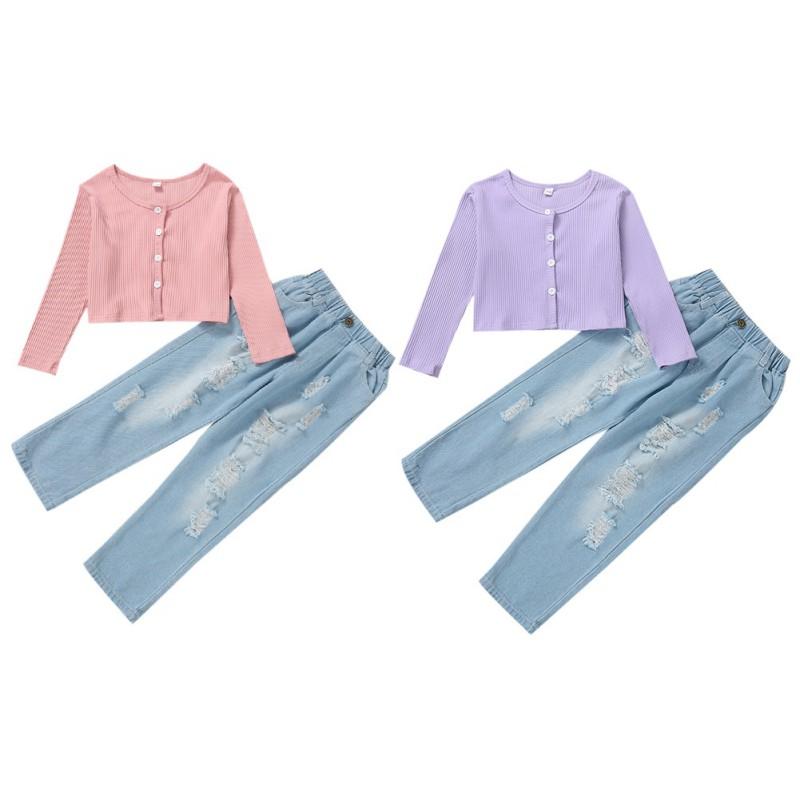 

Clothing Sets Girls Spring And Autumn Pit-striped Top + Ripped Jeans 2 Fashion, White