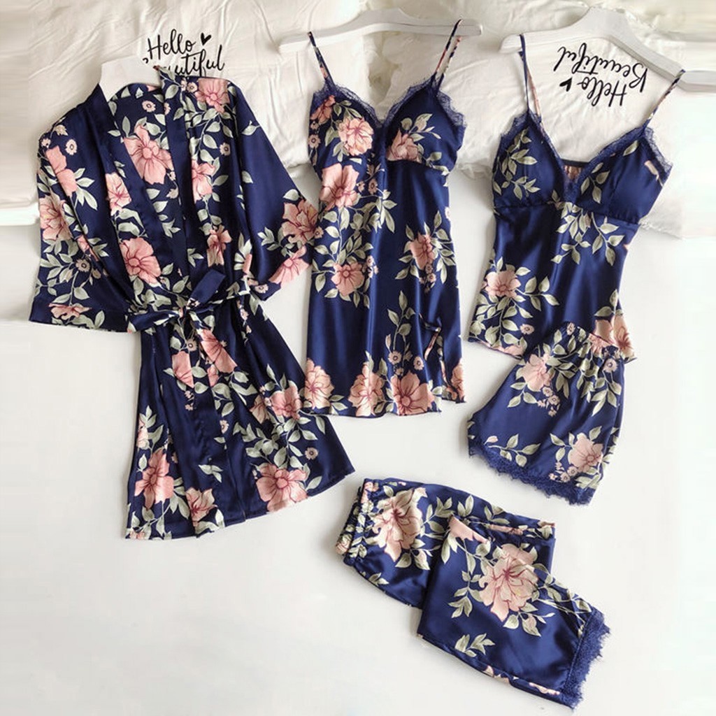 

Women Silk Pajamas Sets With Chest Pads Flower Print Pijama Sleepwear 5 Pieces Spaghetti Strap Satin Spring Pyjamas 2021 #T1G, Black;red