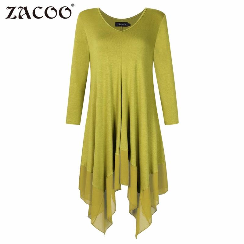 

Casual Dresses ZACOO Women 2021 Irregular Hem Long Sleeve V-neck Loose Dress Fashion Patchwork Solid Color Simple Winter Zk40, Green