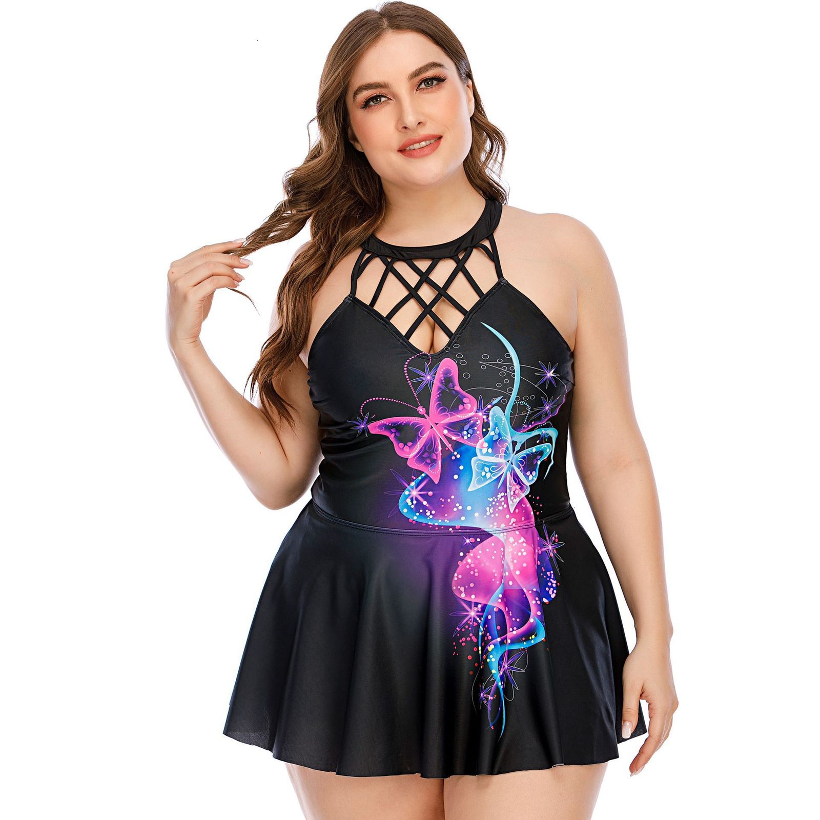 Size 2021 Bikini Big Women&#039;s Digital Print Cross Strap Split Skirt Swimsuit-image-678663759