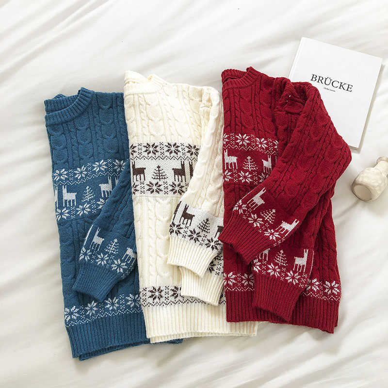

Women's Christmas Sweater Autumn Winter Harajuku Kawaii Cartoon Elk Argyle Sweaters Woman Long Sleeve Korean Pullover 210602, Red