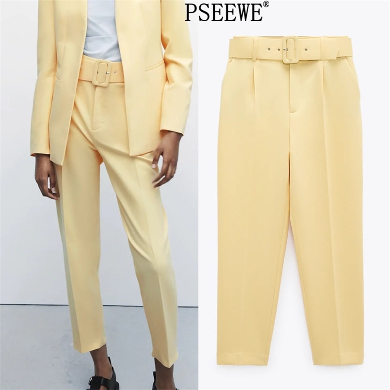 

Woman Trouser Suits With Belt Yellow High Waist Pants Women Urbane Fashion Black Office Beige Trousers For Female 210519, Khaki