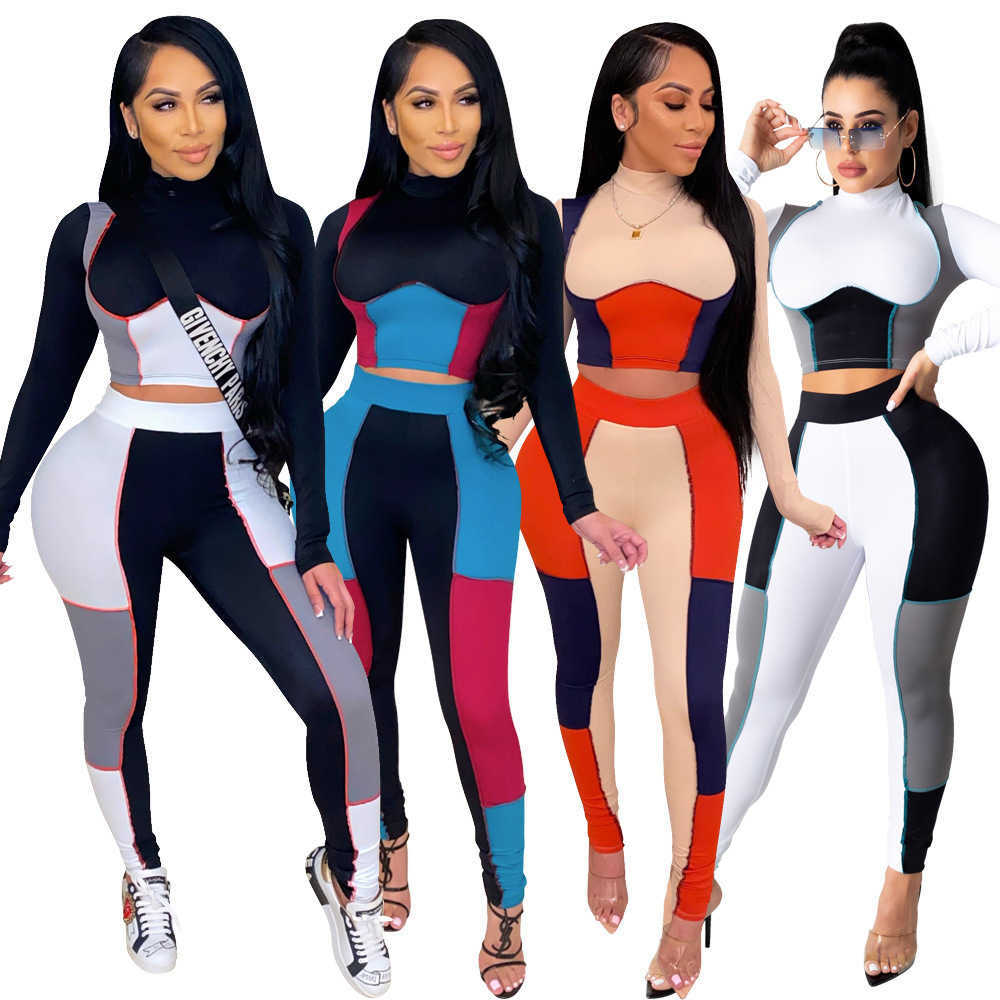 

Women Sports Tracksuits Two Piece Set Designer 2021 Spring Autumn Casual Switching Color Long Sleeve Leggings Slim Top Lady Fashion Sportwear, Black gray white