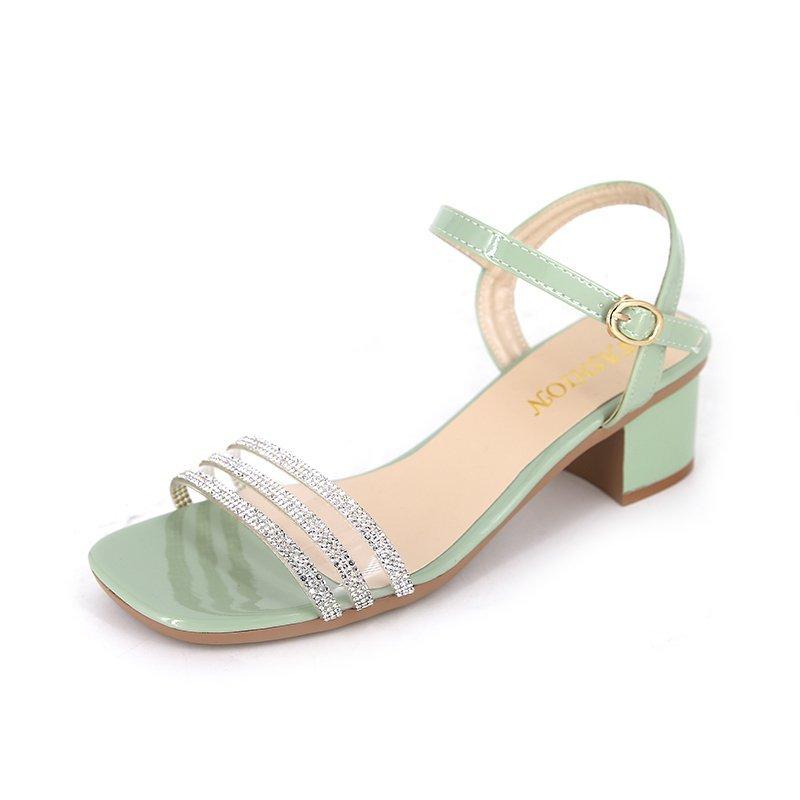 

Women Sandals Female Square Heels PU Leather Open Toe Lady Summer Shoes Solid Soft Comfort Buckle Strap, Beige