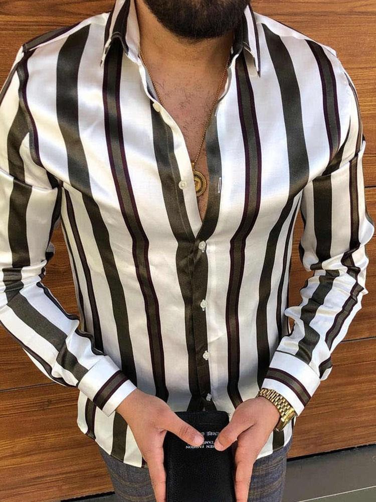 

Lapel Striped Camisa Print Casual Slim Long Sleeve Shirt menswear autumn dress blusa Cardigan Hawaiian shirts, Black white stripe