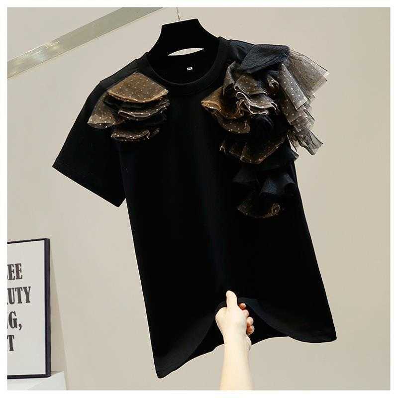 

Fashion Design Three Dimensional Wave Dot Mesh Patchwork O Neck Short Sleeve T-shirt Women's All Match Tops 210615, Black