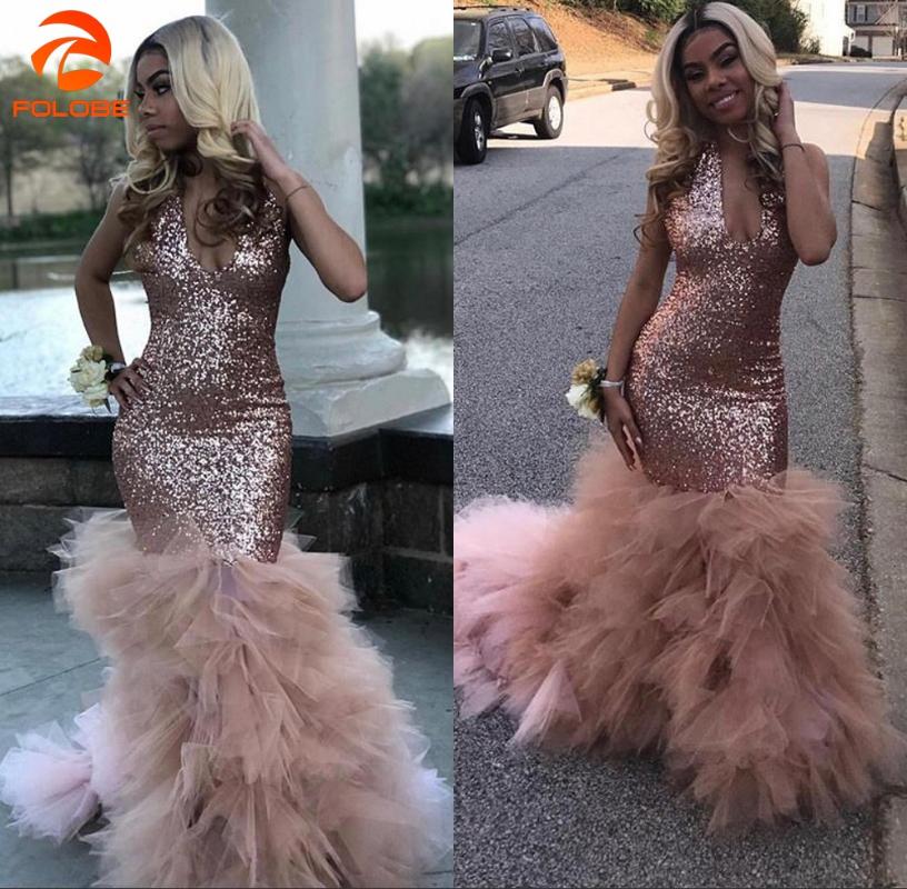 

Vestido De Gala Sexy Black Girls Mermaid Pink Prom Dresses 2021 Sequined African Ruffled Train Long Formal Evening Party Gowns