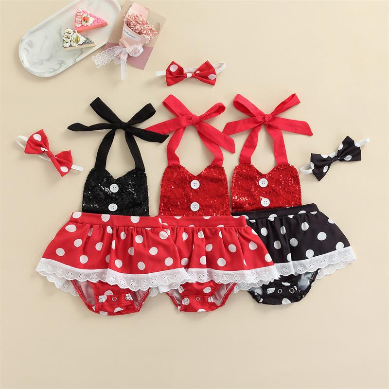 

Clothing Sets Infant Girls Sequin Dot Halter Buttons Summer Pleated Snap Romper With Headband 2 Piece Set For Baby 0-18 Months, White