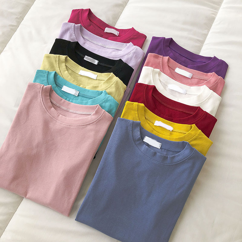 

Women Cotton Plain T-Shirt Female Tops O-Neck T-shirts Fashion INS Girls Tees Casual T-Shirts For Summer 210518, Rose