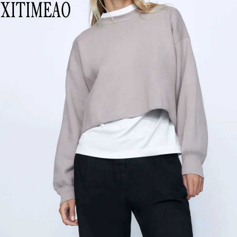 

ZA Elegant Simple solid color Oversized Pullovers Women Autumn Winter O-Neck Loose Long Sweater Streetwear High Waiste Short Top 210602, Pink